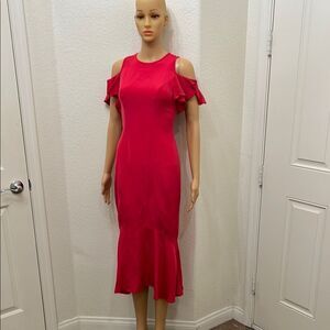 Theia Red Ruffled Silky Mermaid Dress Size 0 Scoop Neck Cutout Flutter Sleeve